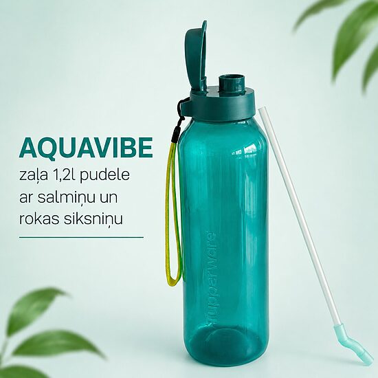 AQUAVIBE zaļa 1,2l pudele ar salmiņu un rokas siksniņu 